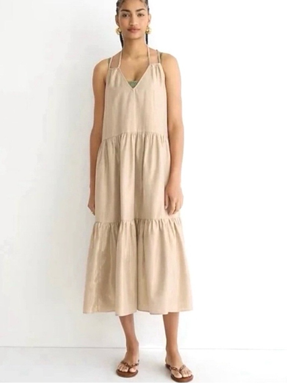 J. Crew Cross Back Halter Tiered Midi Dress Metallic Gold Coastal Beach Medium